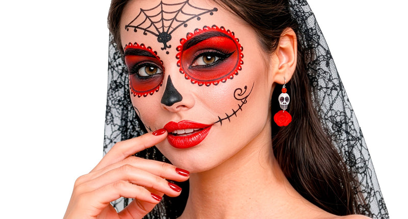 Schedel armband met rode roos om de pols bij een sugar skull-schmink voor Halloween