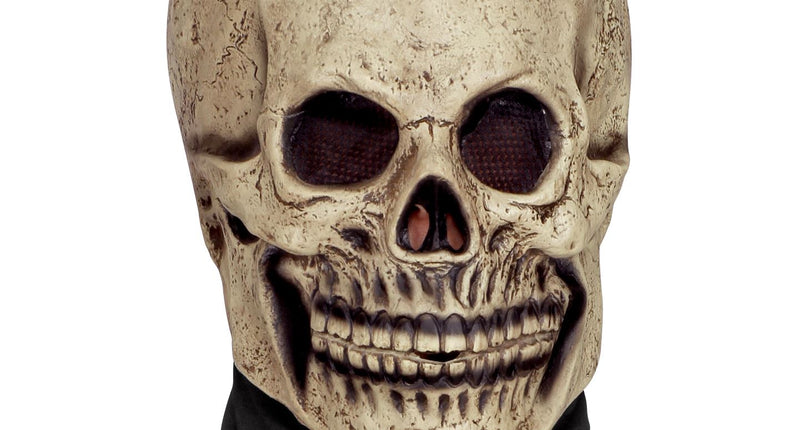 Schedel masker latex in beenkleur met grijnzende tanden en donker gaas in de oogholtes, voor Halloween