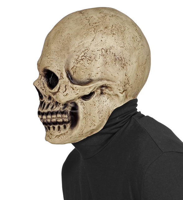 Schedel masker latex van de zijkant, het masker loopt door tot in de nek