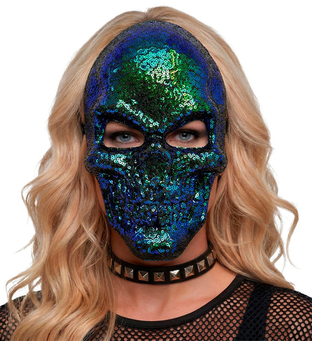 Schedel masker pailletten op dames model, blauwgroene glans over het hele gezicht