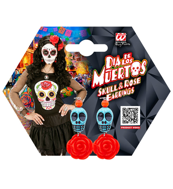 Schedel met roos oorbellen op verpakkingskaart met Dia de los Muertos-opdruk