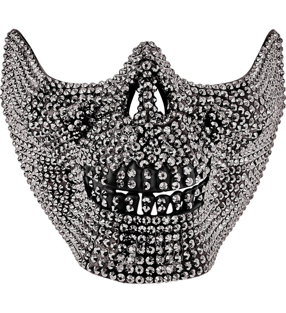 Schedelmasker strass in doodshoofdvorm met zilverkleurige steentjes en zwarte tandenrij