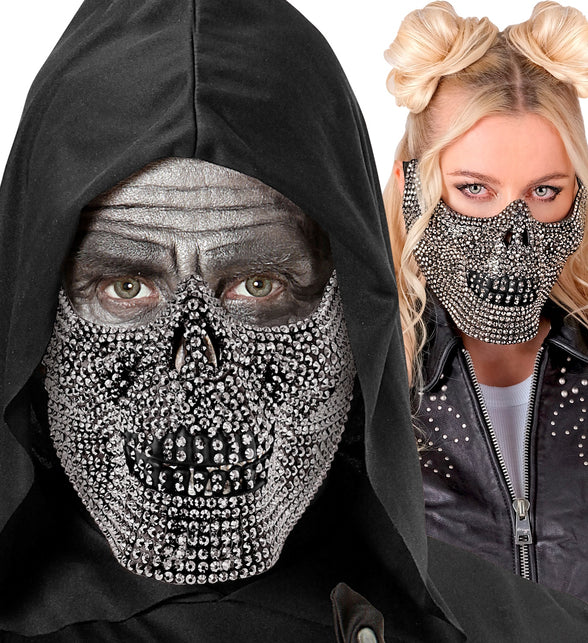 Schedelmasker strass onder zwarte capuchon, zilveren steentjes rond zwarte tanden