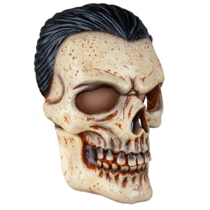 Schedelmasker met zwart haar van de zijkant, glad achterovergekamd haardek
