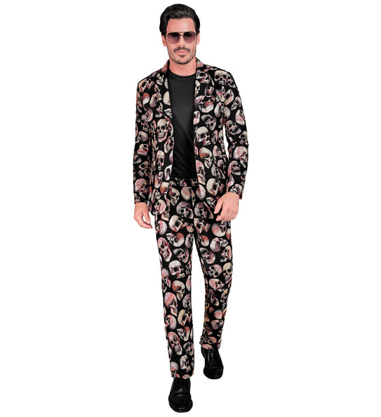 Schedels kostuum heren met open colbert over zwart shirt, schedelprint in bot en roze tinten