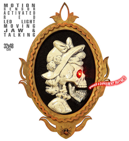 Schilderij animatie dame met skeletdame in profiel, rood oplichtend oog en open kaak in gouden lijst voor Halloween