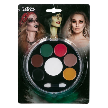 Schminkpalet Halloween met zeven potjes vetschmink en dubbele applicator in blister
