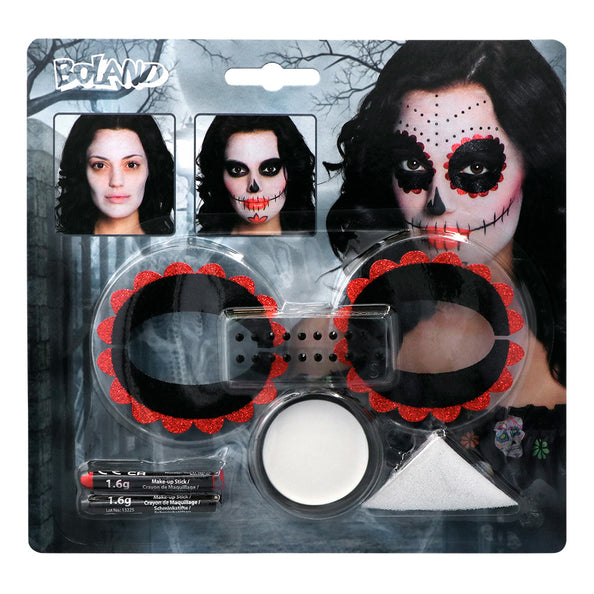 Schminkset Day of the dead met zwarte glitter-oogdecoraties, 20 steentjes, witte vetschmink en sponsje