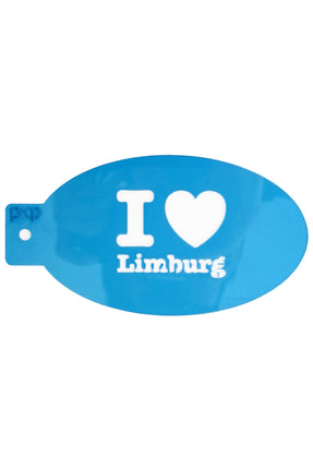 Schminksjabloon I love Limburg van PXP, blauw ovaal plastic met uitgesneden hart en tekst voor carnaval