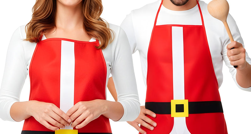 Schort Kerstman in rood met witte biezen en gele gesp, gedragen door een dame en heer tijdens Kerst