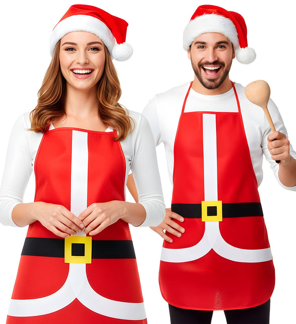 Schort Kerstman in rood met witte biezen en gele gesp, gedragen door een dame en heer tijdens Kerst