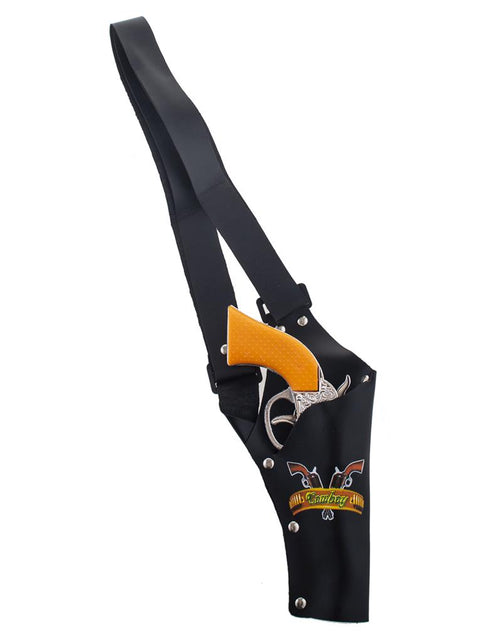Schouderholster met pistool kind in zwart met cowboyprint en zilveren revolver met oranje kolf in de holster