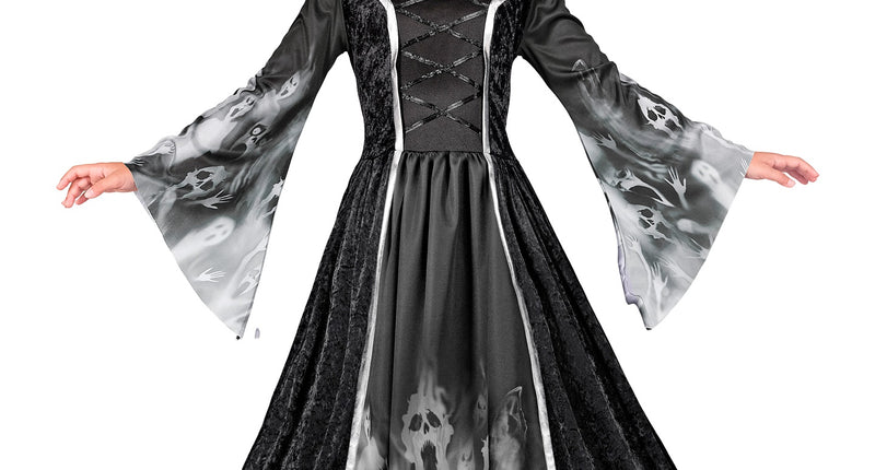 Schreeuwende zielen jurk Olivia, zwarte kinderjurk met kap en grijze spookprint op mouwen en rok voor Halloween