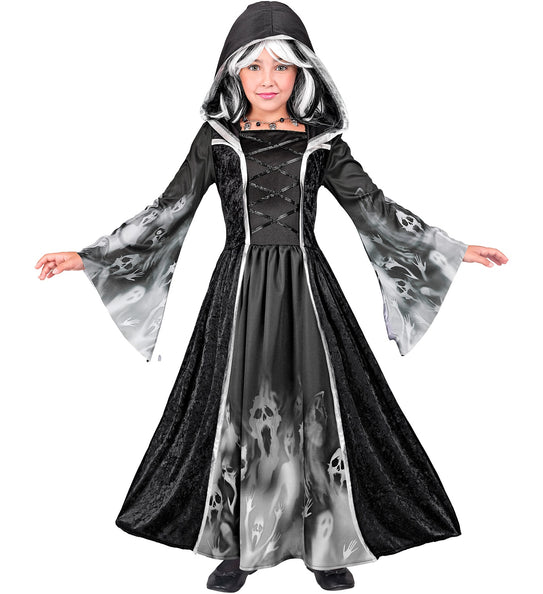 Schreeuwende zielen jurk Olivia, zwarte kinderjurk met kap en grijze spookprint op mouwen en rok voor Halloween