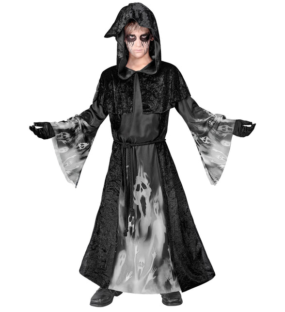 Schreeuwende zielen kostuum jongens: zwart gewaad met kap, capelet en grijze spookprint voor Halloween