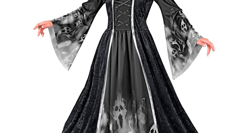 Schreeuwende zielen Olivia dames: lange zwarte jurk met kap en grijze geestenprint voor Halloween