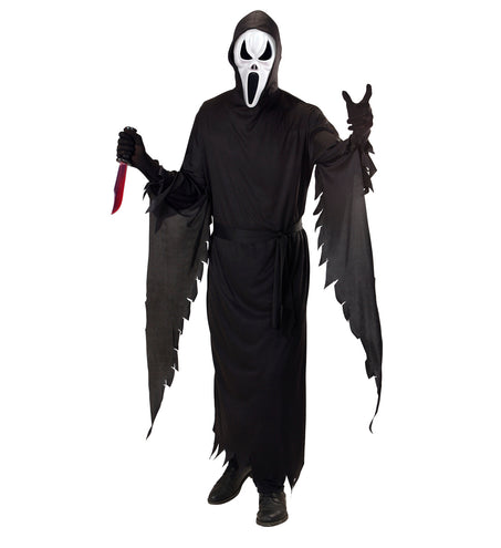 Scream kostuum Charlie heren: zwart gewaad met gerafelde mouwen en wit spookmasker voor Halloween
