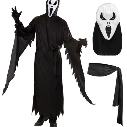 Scream kostuum Charlie met los wit masker op zwarte kap en zwarte stoffen riem