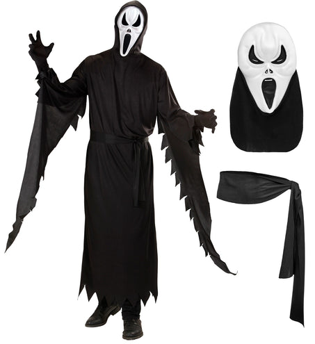 Scream kostuum Charlie met los wit masker op zwarte kap en zwarte stoffen riem
