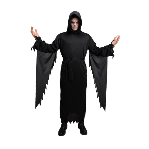 Scream kostuum zwart: lang zwart gewaad met capuchon en gerafelde mouwen voor Halloween