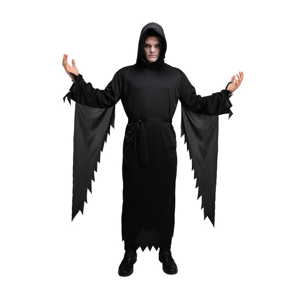 Scream kostuum zwart: lang zwart gewaad met capuchon en gerafelde mouwen voor Halloween