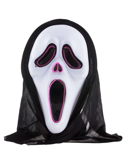 Scream masker met licht, wit spookgezicht met zwarte kap en paarse lichtdraad, voor Halloween