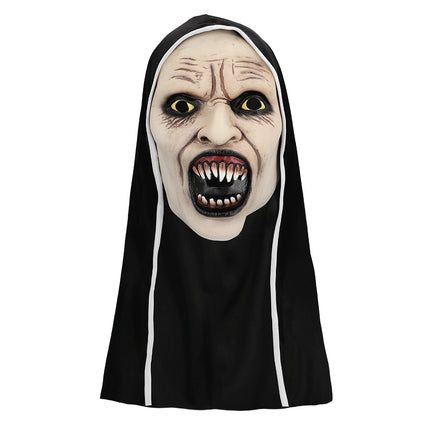 Screaming nun masker van latex met wijd opengesperde mond en puntige tanden, kap met witte bies