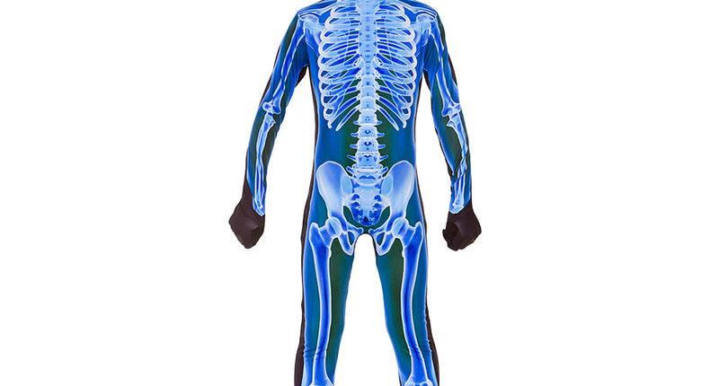 Second skin kostuum met skelet print in blauw en wit, eendelig met hoofdbedekking, voor jongens op Halloween