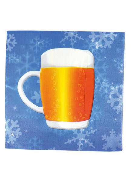 Servetten bier print met schuimende bierpul op blauwe ondergrond met sneeuwvlokken, voor Oktoberfest