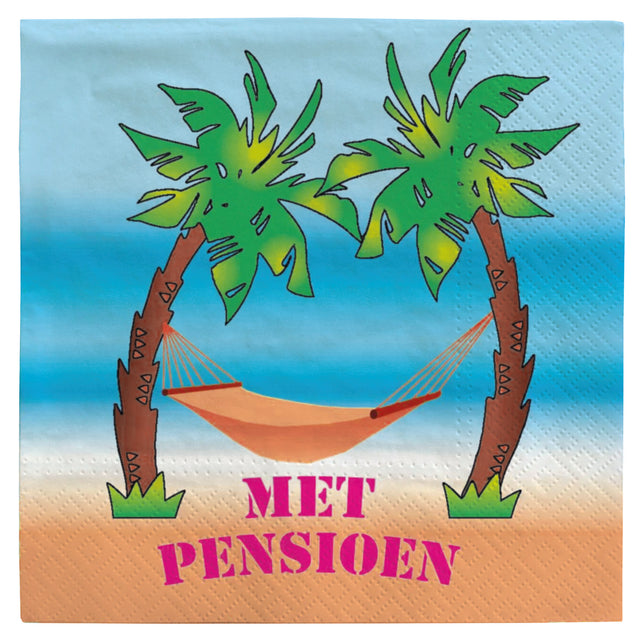 Servetten met pensioen met palmbomen, oranje hangmat en roze tekst op strandachtergrond