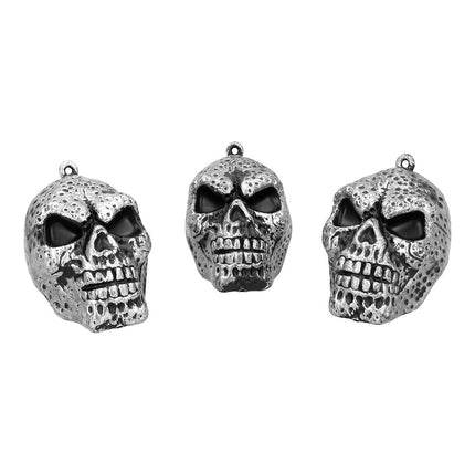 Set 3 schedels zilver met zwarte oogkassen en grimmig gebit, voor een gothic thema
