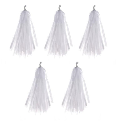 Set van 5 witte pompons voor ballonnen met lange gerafelde slierten