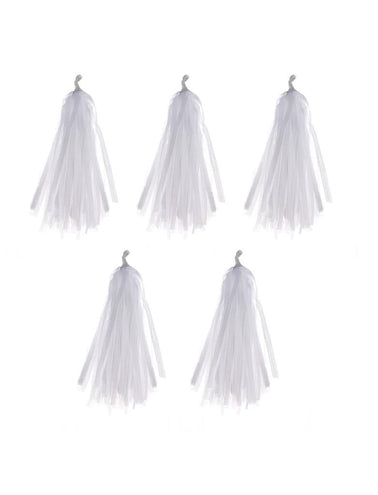 Set van 5 witte pompons voor ballonnen met lange gerafelde slierten