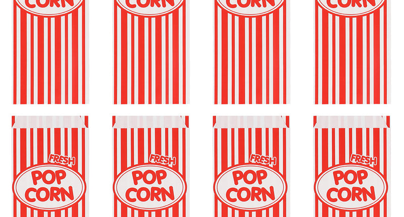 Set 8 papieren popcorn uitdeelzakjes, rood-wit gestreept met popcornopdruk in een wit ovaal, voor een filmavond