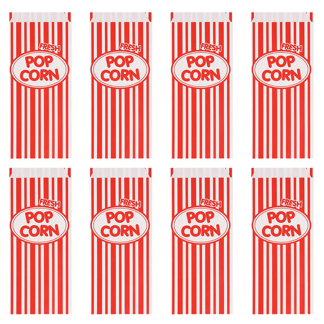 Set 8 papieren popcorn uitdeelzakjes, rood-wit gestreept met popcornopdruk in een wit ovaal, voor een filmavond