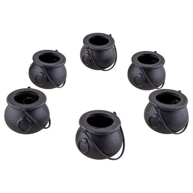 Set van zes zwarte mini heksenketels met beugel en ringetjes op de buik