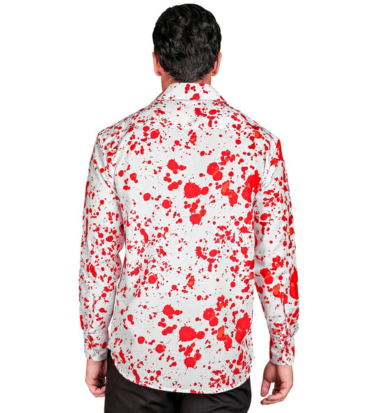 Shirt bloedspetters Erik achterkant met grote rode bloedvlekken op de rug