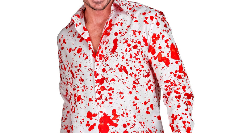 Shirt bloedspetters Erik wit met rode spetters en overhemdkraag voor heren op Halloween