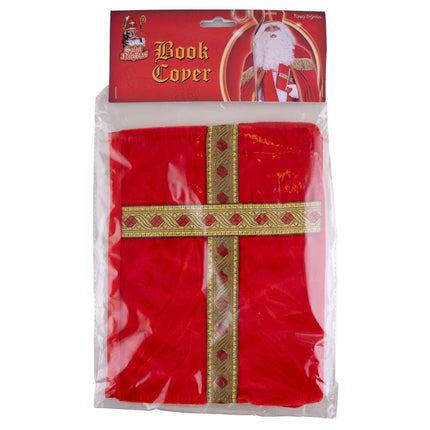 Sinterklaas boek kaft in de verpakking van Funny Fashion, rood met goudkleurig kruis