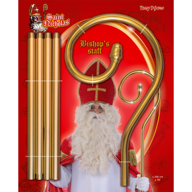Sinterklaas in mijter en tabberd houdt de goudkleurige kromstaf vast tijdens Sinterklaas