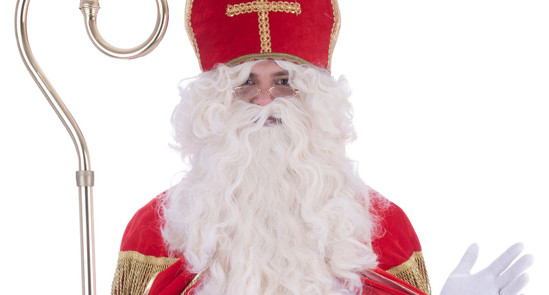 Sinterklaas pruik met lange witte krulbaard, gedragen onder een rode mijter tijdens het Sinterklaasfeest