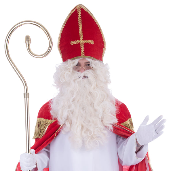Sinterklaas pruik met lange witte krulbaard, gedragen onder een rode mijter tijdens het Sinterklaasfeest