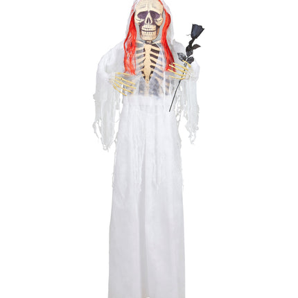 Skelet bruid decoratie pop volledig zichtbaar met lange witte jurk en skelethanden