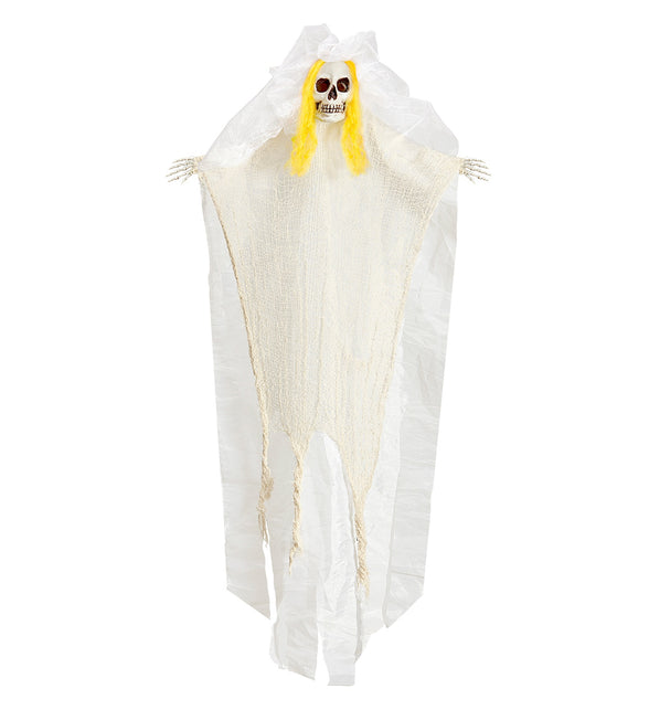 Skelet bruid hangdeco 105cm met witte sluier, gele haren en rafelig gaasgewaad