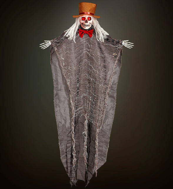 Skelet bruidegom hangdeco opgehangen als halloweendecoratie met verlichte ogen en botten handen