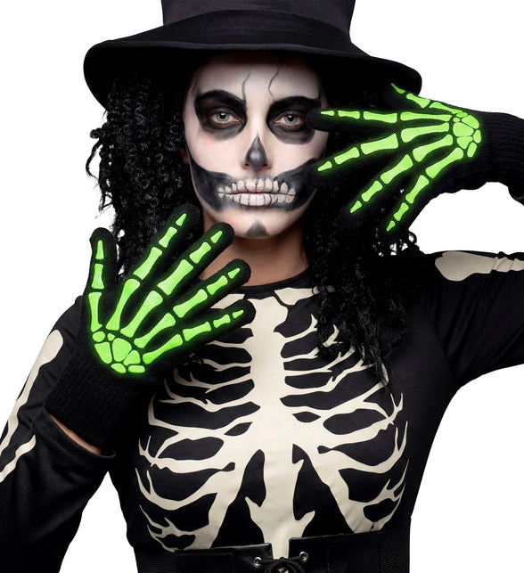 Skelet handschoenen glow-in-the-dark bij dameslook met skeletschmink en zwarte hoge hoed