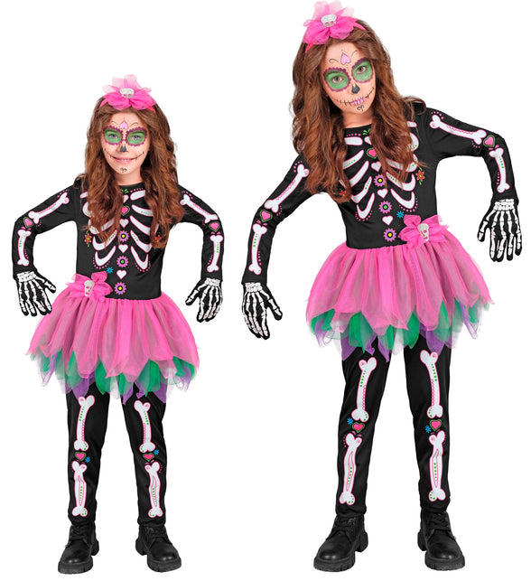 Skelet kostuum Eva met zwarte bottenprint jumpsuit en roze tutu, in twee maten voor Halloween