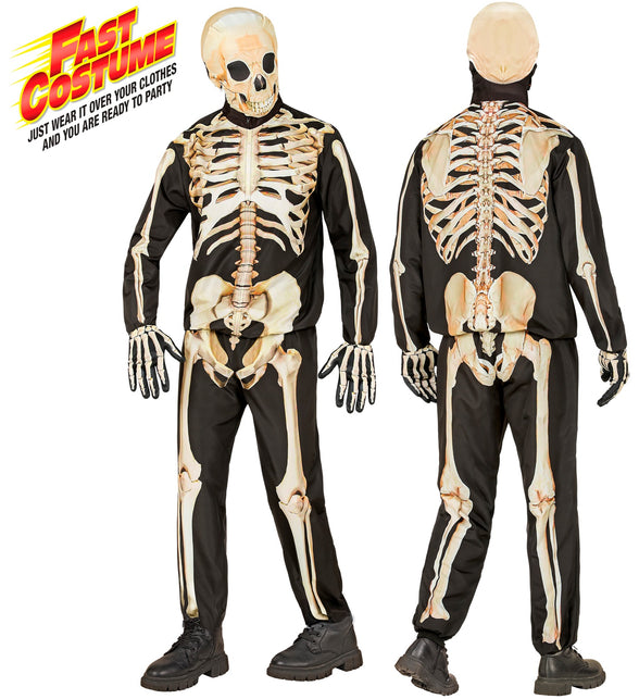 Skelet kostuum Isack kind, zwarte jas en broek met botopdruk, voor- en achterkant, voor Halloween