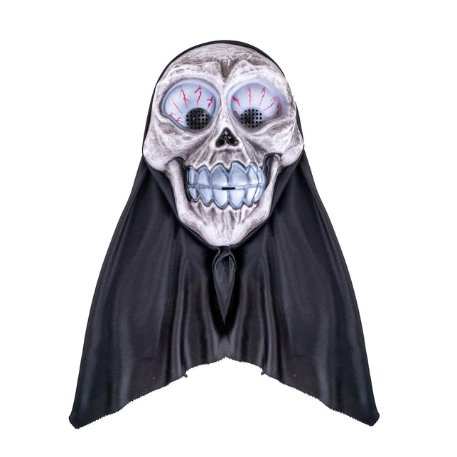 Skelet masker met kap vooraanzicht, grijnzende tandenrij en puntig uitlopende zwarte kap voor Halloween