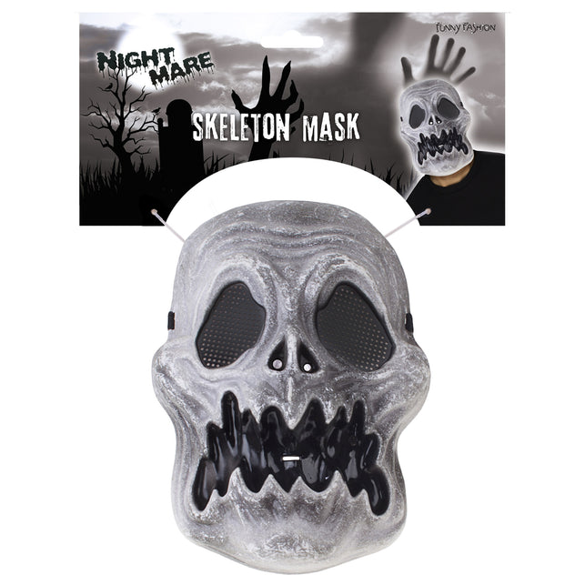 Skelet masker op verpakkingskaart van Funny Fashion met zijkoord en inzet van het masker op een model